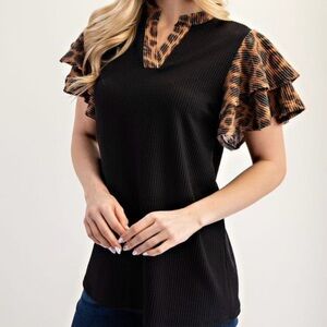 NEW Ruffle Sleeve Two Tone Top with Accents L Black Leopard
